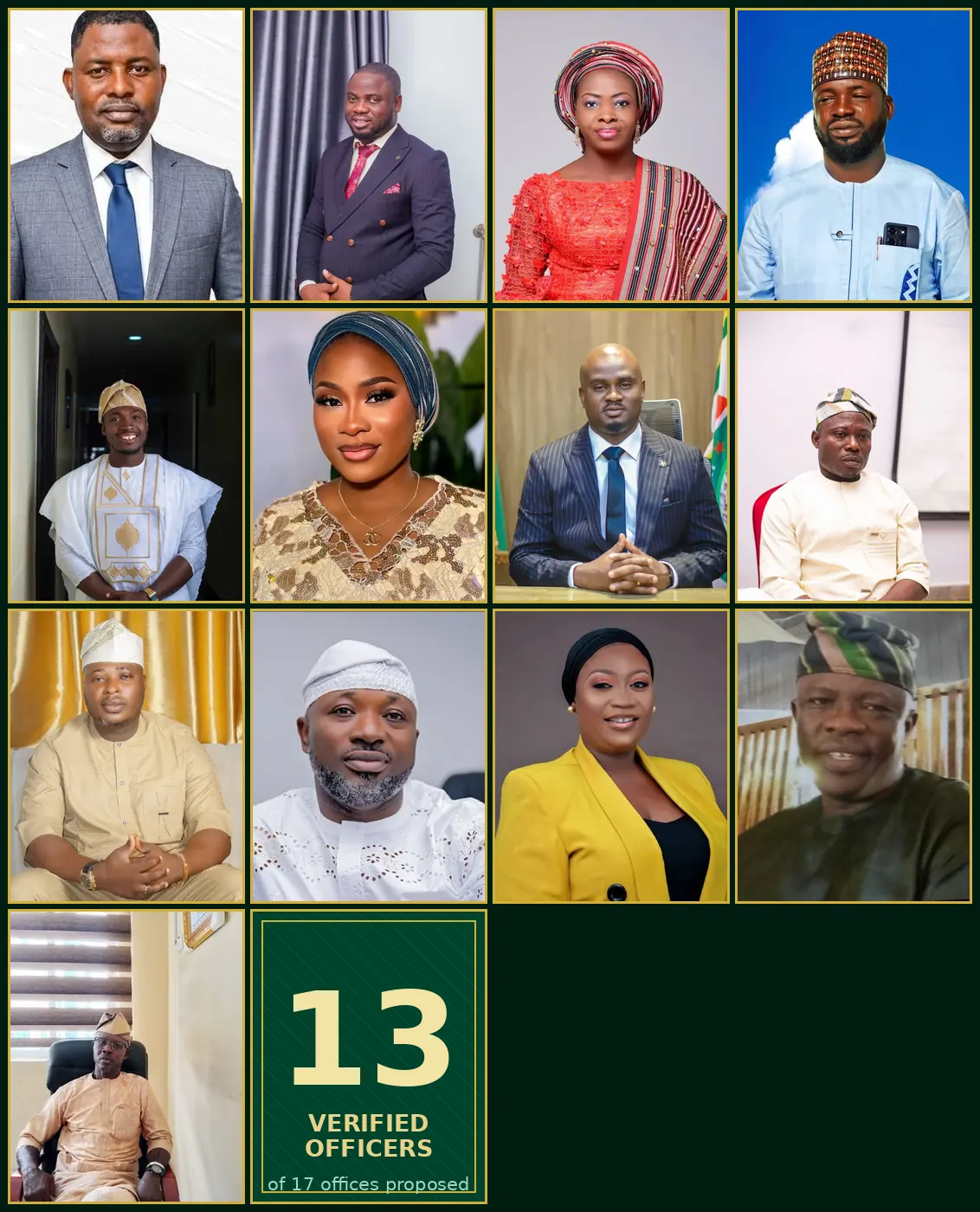 The thirteen verified officers of the Lagos State Councilors Forum, each shown in their own portrait: the Chairman, Vice Chairman 1, Vice Chairman 2, Vice Chairman 3, Secretary, Assistant Secretary, Public Relations Officer, Treasurer, Assistant Treasurer, Financial Secretary, Legal Adviser, Auditor and Ex-Officio 3.